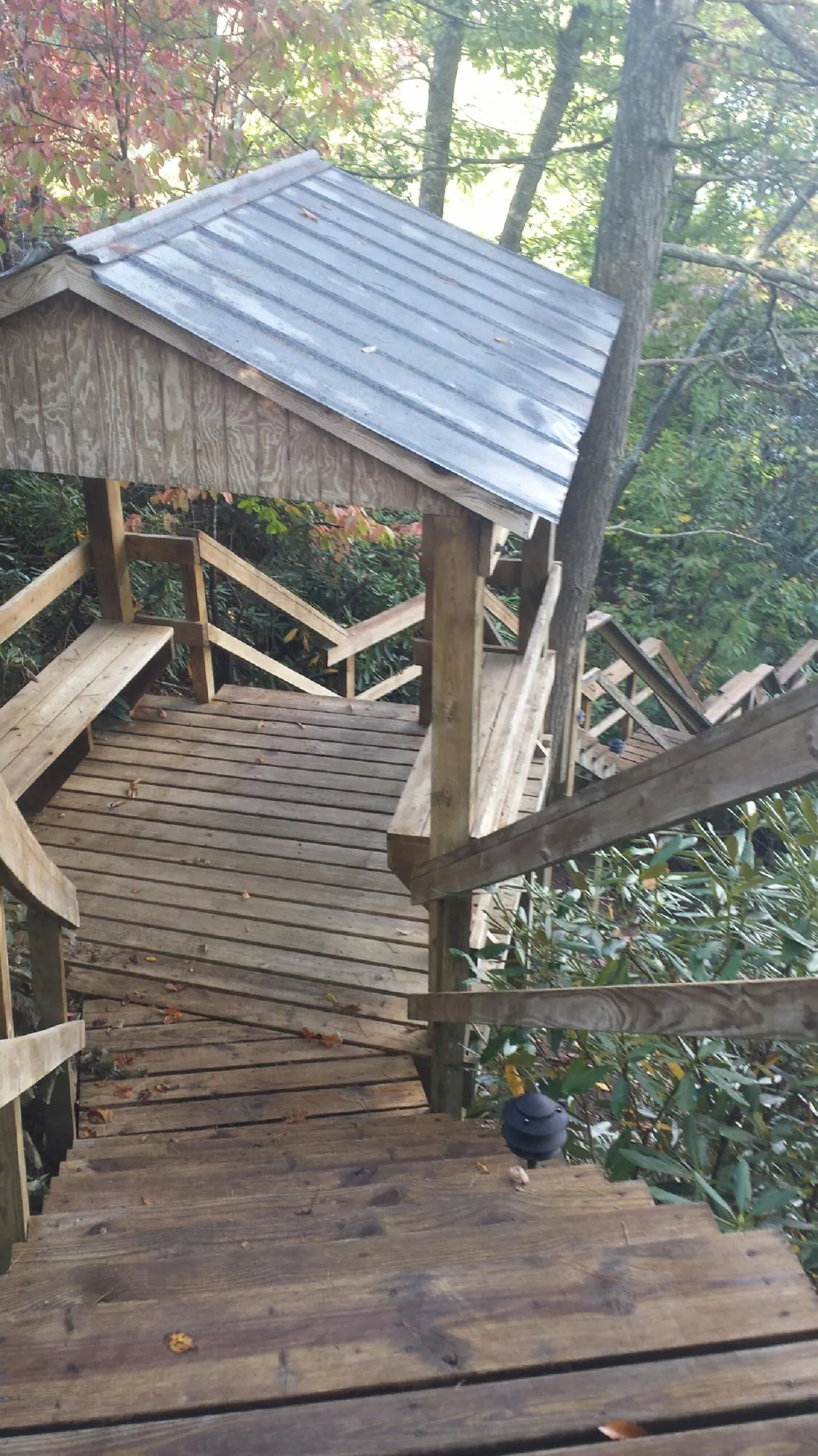 Metal roofed shelter over wooden steps on a wooded walkway — Skylight Repair & Installation work by our crew in Woodward